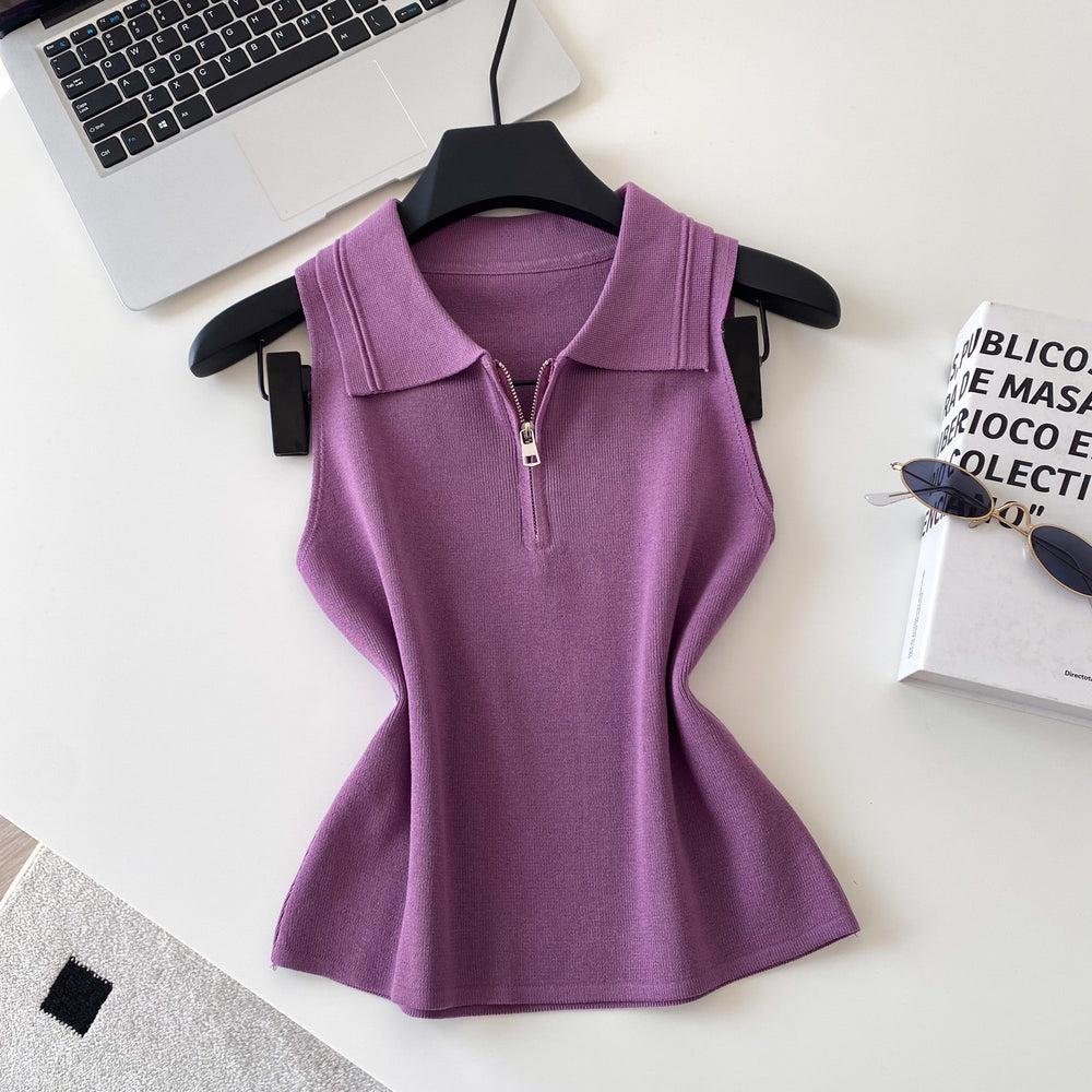 K-style lapel half-zip sleeveless knitting vest women's spring summer light mature style casualpullover knitting shirt multi-color