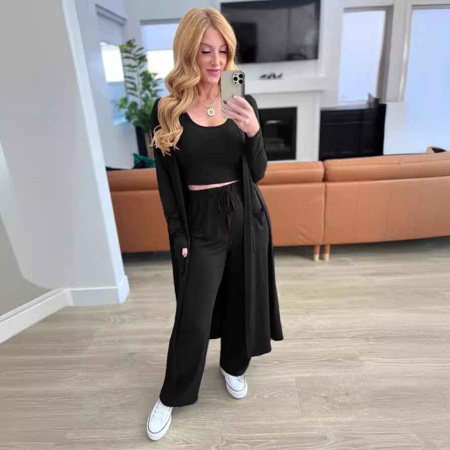 new cross-border fashion: women's long-sleeved tank top, longline jacket, and wide-leg tie-waist pants three-piece set for the us and european markets