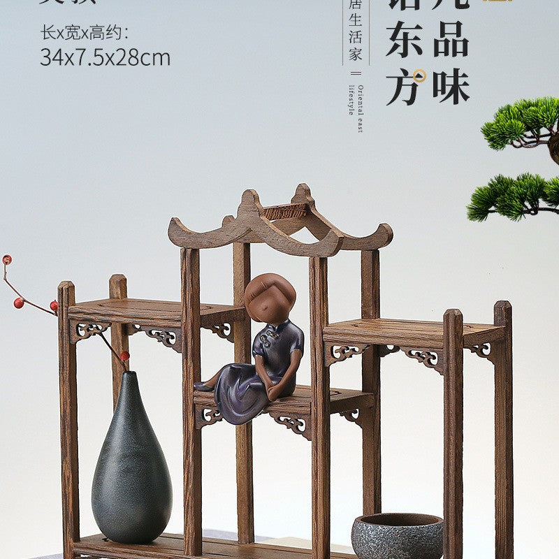 Solid wood teacup rack Chinese Bogu rack storage box table rack Pu'er teapot stove tea set accessories