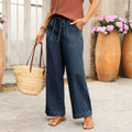 European and american style women's dark blue washed drawstring waist wide leg jeans - casual, oversized, with large patch pockets