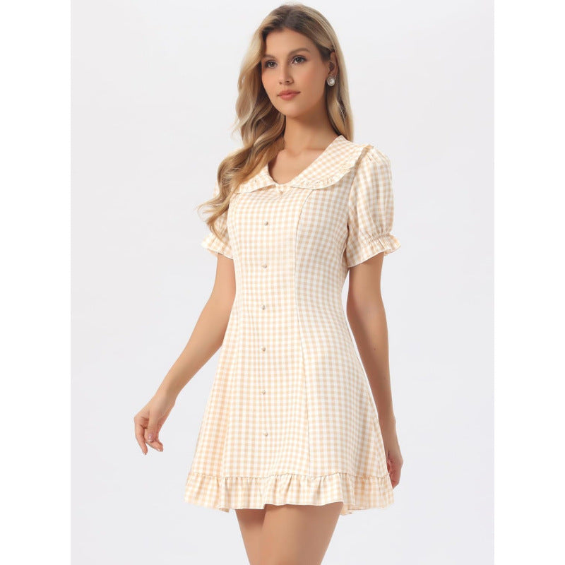 Amazon european and american plaid wood ear dress for women  summer new style puff sleeve doll collar skirt