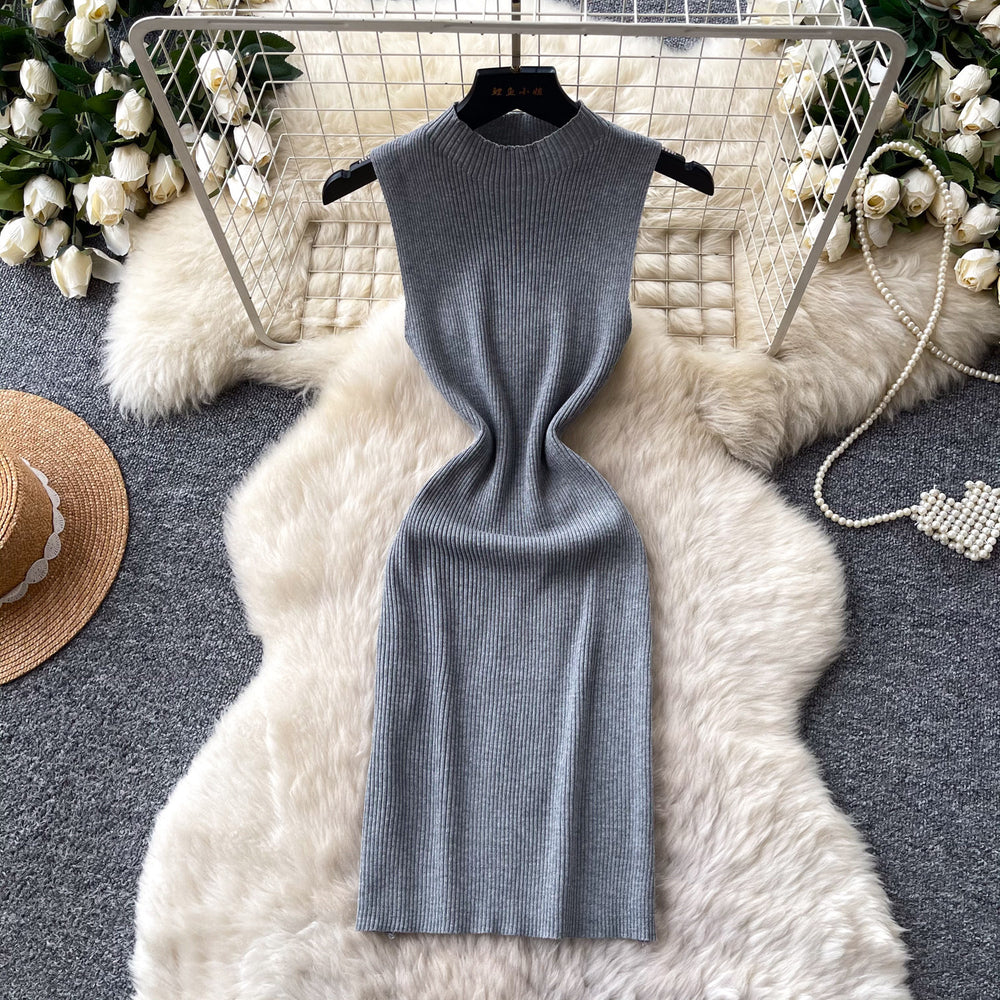 Sophisticated and elegant, this sleeveless, mock-neck knit dress is perfect for women's summer wear. featuring a korean-inspired design, this figure-flattering a-line dress is ideal for both work and casual outings