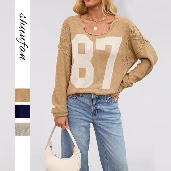 New  European beautiful women 2025  hot autumn and winter digital color matching knitted pullover loose long-sleeved sweater