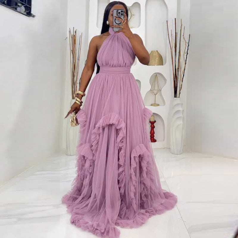 European and american cross-border women's fashion:  spring new arrival - sexy and elegant halter neck high-waisted design purple sleeveless dress