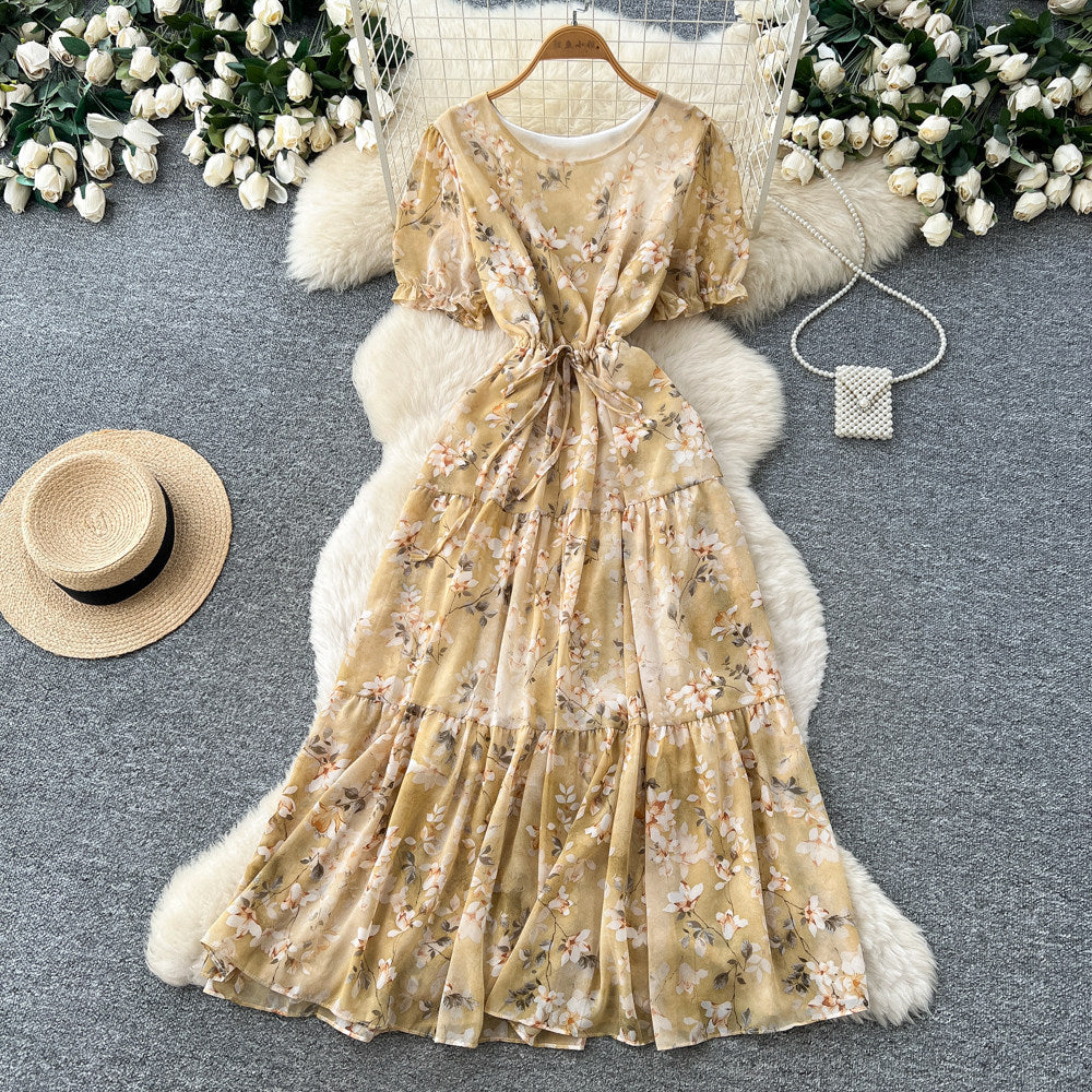 French floral v-neck dress - women's summer  collection: round neck, short sleeve, slim fit, ruffle hem, elegant maxi dress