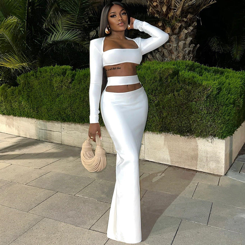 European station export cross-border women's new arrival supply pure color fashioneleganttopslong sleeves skirt suit two-piece set