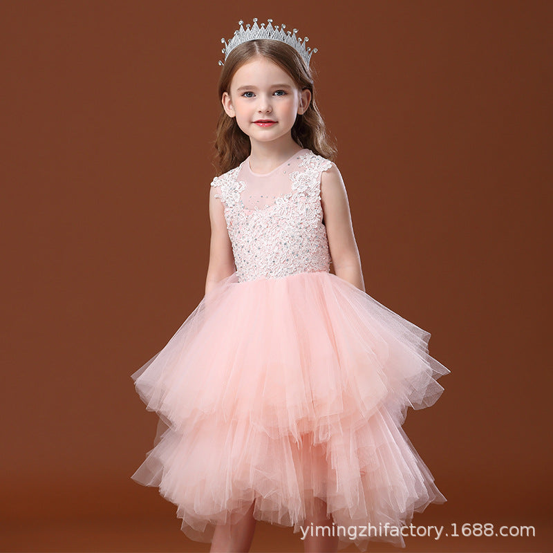 Girls' formal dress new arrival: customizable tulle tutu princess dress - pink floral print cake skirt, european & american style vest dress