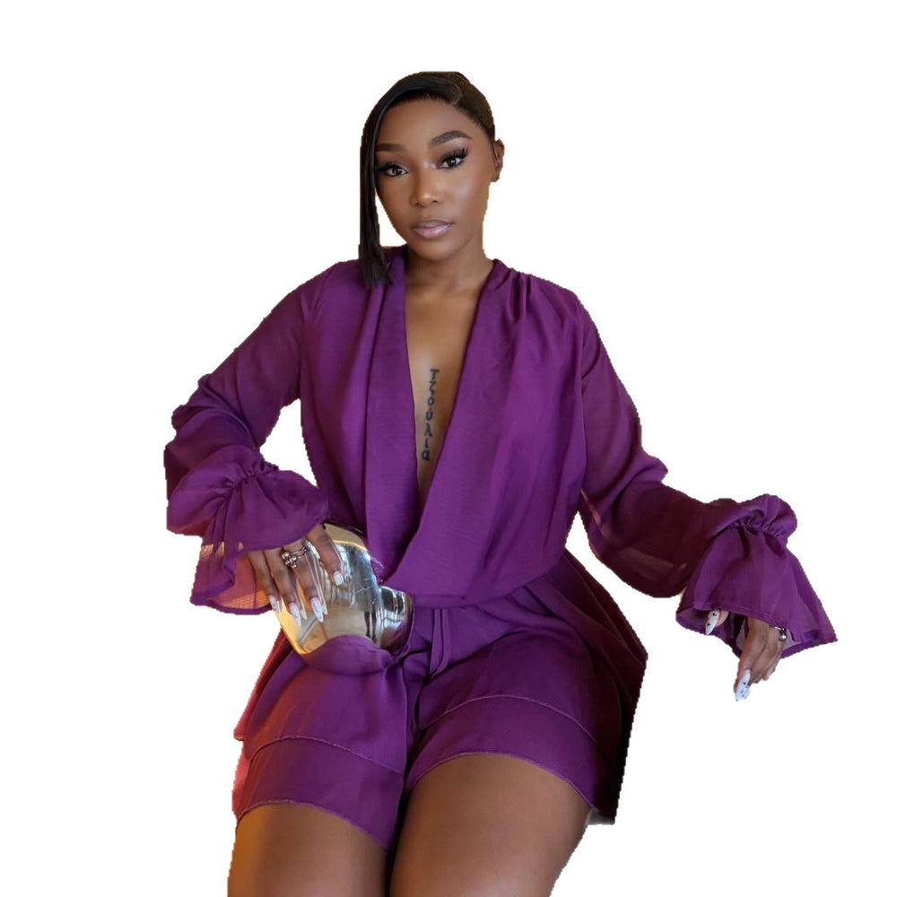 European and american cross-border women's fashion:  summer new arrivals - sexy and chic flared sleeve, cinched waist, asymmetrical mini dress