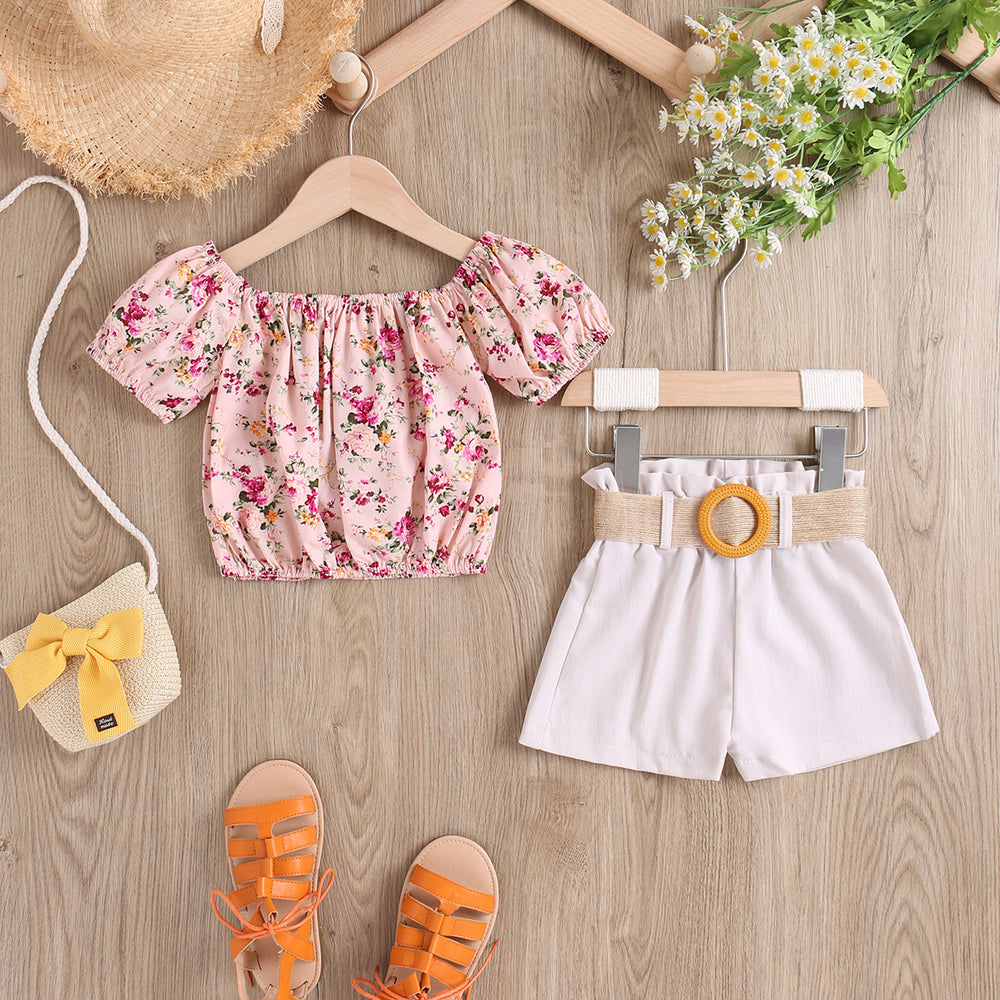 new summer collection: 100% cotton floral print stretch top with elasticated cuffs + woven shorts, includes linen belt - cross-border fashion for the us and europe