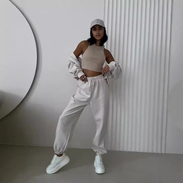 Spring and Autumn New Women's Clothing Long Sleeve Drawstring Hooded Outerwear Cardigan Lace-Up Pants Two-piece Set Women