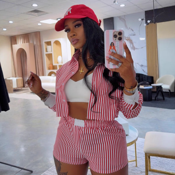 European beautiful women's lazy style striped splicing long-sleeved shirt women's casual shorts African women's fashion casual suit