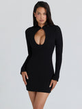 women's clothing  autumn new solid color long sleeve round neck sexy hollow-out slim fit short dress