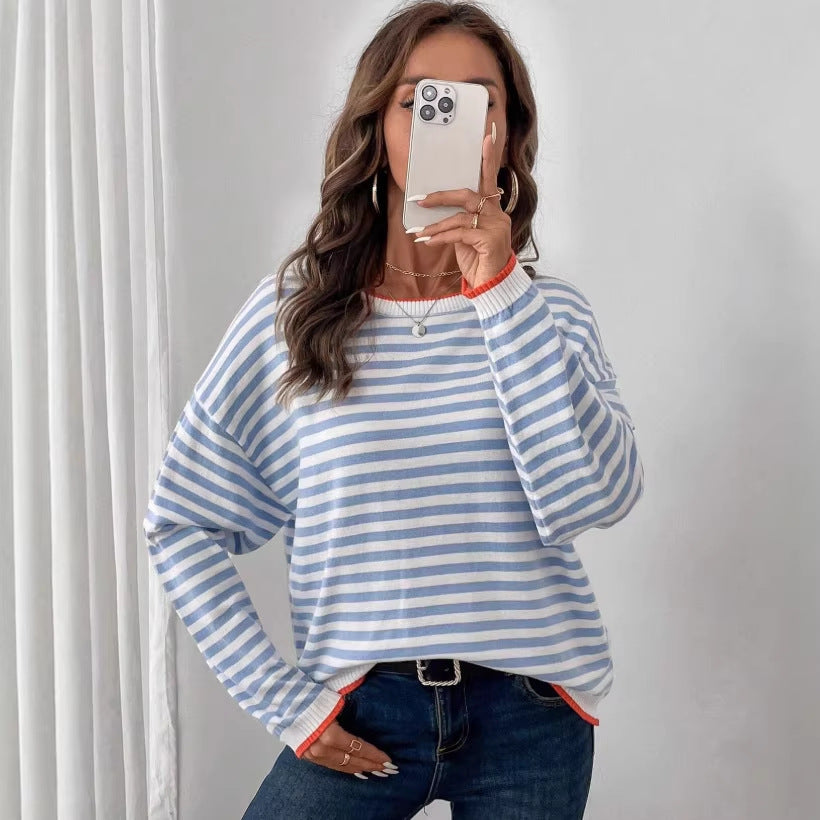 new blue striped crew neck long sleeve t-shirt - relaxed fit, slimming women's top