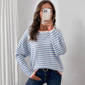 new blue striped crew neck long sleeve t-shirt - relaxed fit, slimming women's top