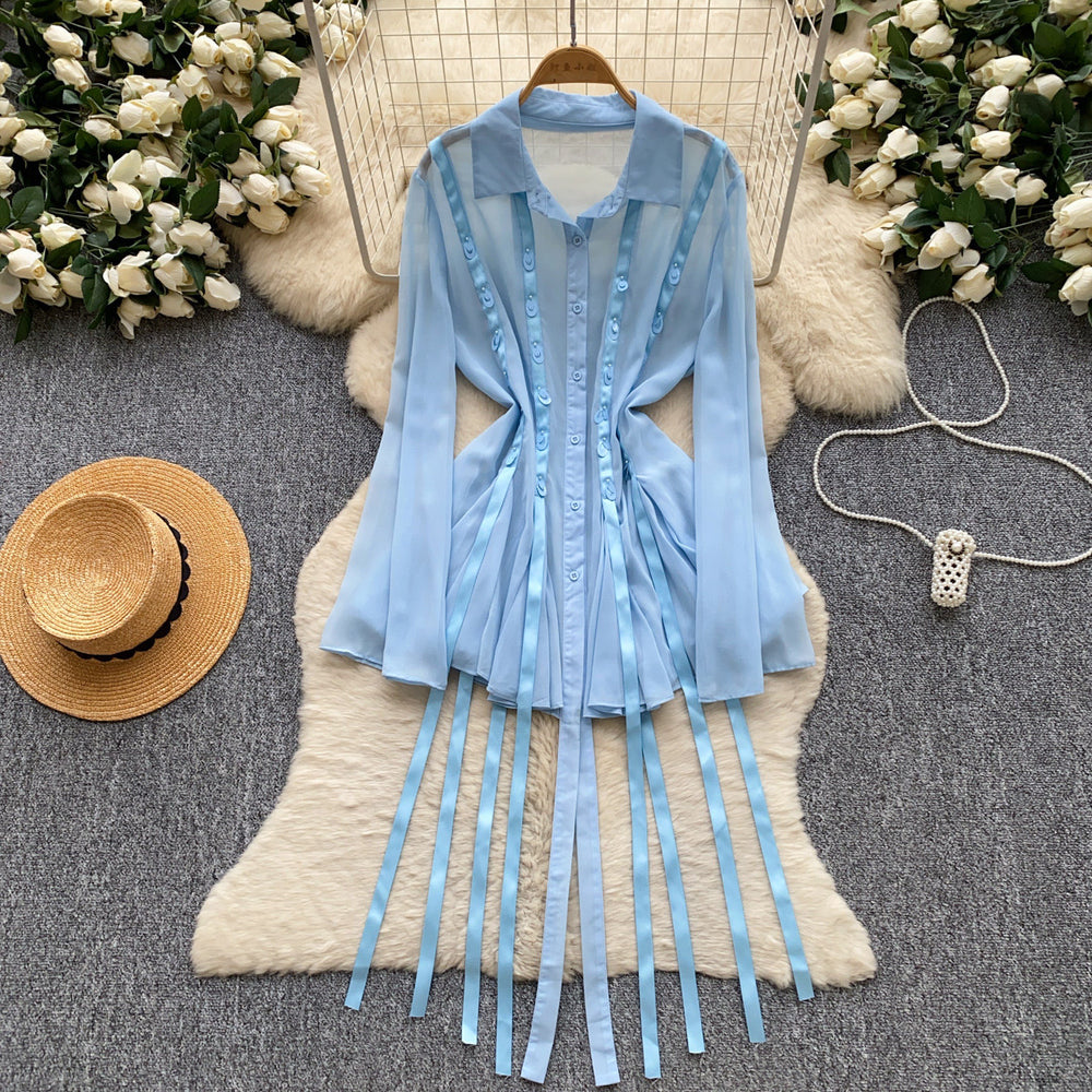 Korean style sweet pink a-line dress with ribbon detail - women's summer flirty sequin tie-waist slimming elegant dress