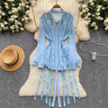 Korean style sweet pink a-line dress with ribbon detail - women's summer flirty sequin tie-waist slimming elegant dress