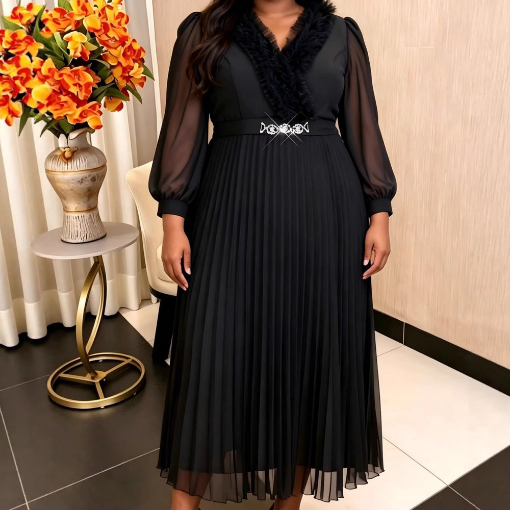 African plus size black dress - raw hem design, v-neck, sheer chiffon sleeves, belted pleated skirt