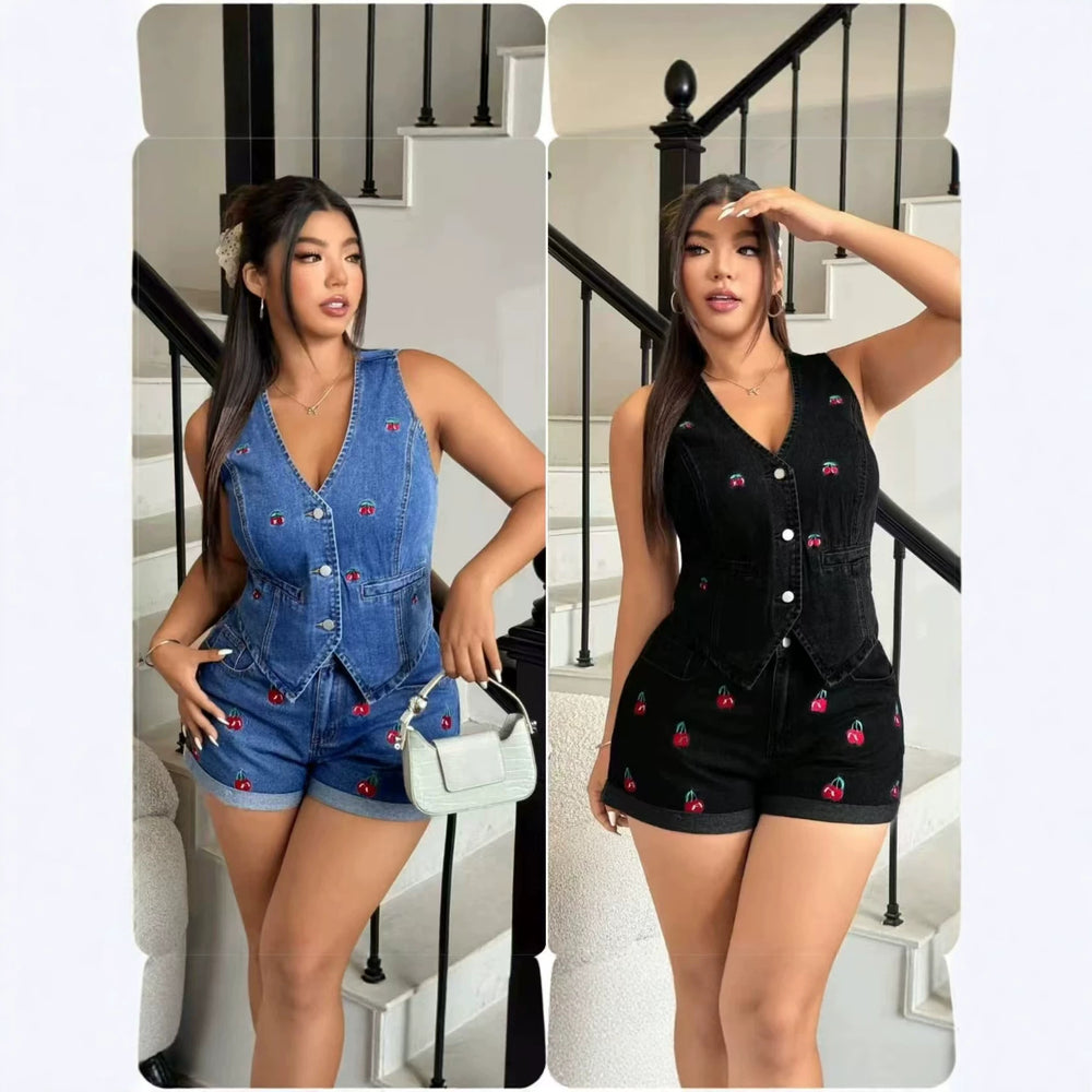 European and american cross-border denim set for women - cherry embroidered cardigan vest outfit, sleeveless v-neck top + shorts, trendy hot girl style