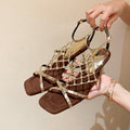 2026 new mesh chain rhinestone high heel square toe gold silver trendy elegant metal open toe sandals for women