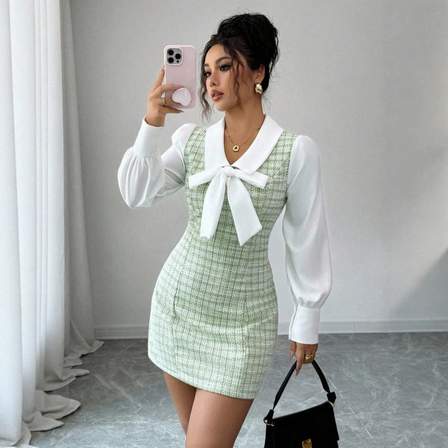 fall/winter new korean style petite short sleeve tie-waist slim fit bodycon plaid mermaid dress