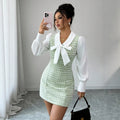 fall/winter new korean style petite short sleeve tie-waist slim fit bodycon plaid mermaid dress