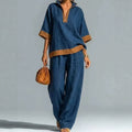 fashionsummernew arrivalcontrast color linen casualsuit half zip stand collar topsloose pants two pieces
