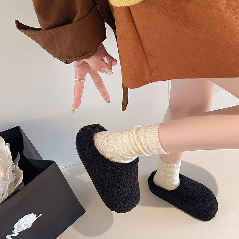 New arrival lambswool slippers for women outwearthick solepetitesheel toe kick plus fleece-linedheattechcouple cotton slippers