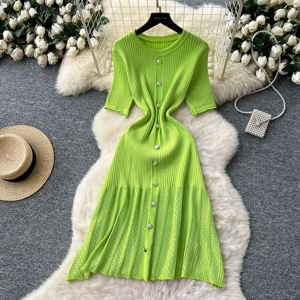 Xiaoxiangfeng fashionablefashionable round neck short-sleeved metal buckle waist knittingdress female summerslimming looksweater long skirt