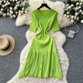 Xiaoxiangfeng fashionablefashionable round neck short-sleeved metal buckle waist knittingdress female summerslimming looksweater long skirt