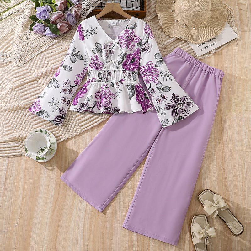 Girls' foreign trade outfit, autumn  new cross-border fashion: printed v-neck flare sleeve fitted top and wide-leg pants