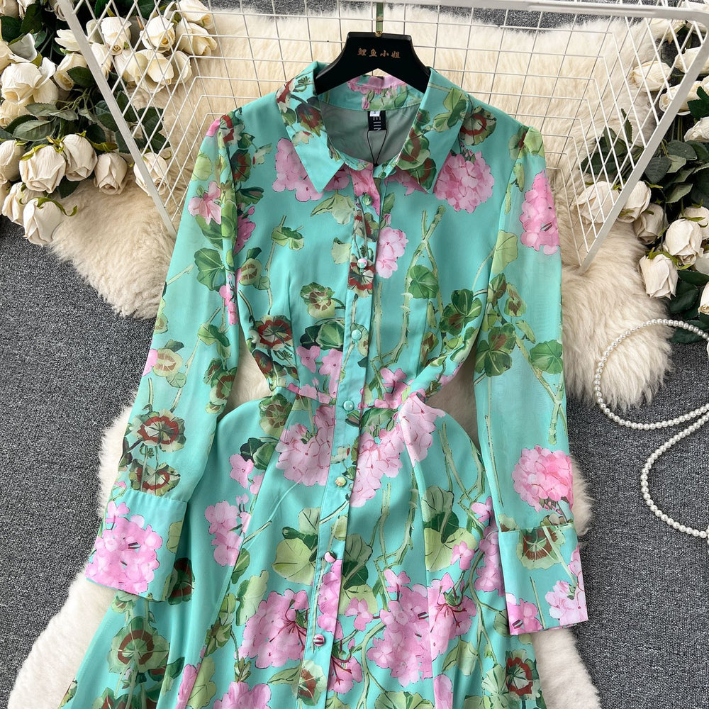 Frenchretro style floral shirt collar dress women's spring waist slimming lookclassy senseaccessible luxury socialite large swing skirt