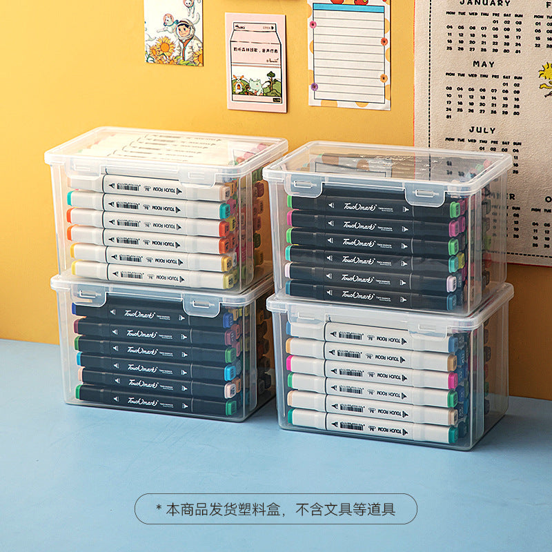 Desktop marker storage box with lid Transparent desk Stationery storage box Rectangle flip plastic pencil case