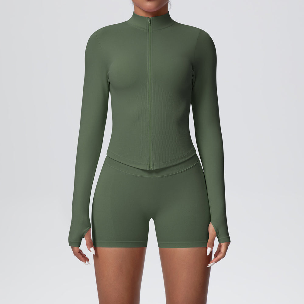New seamless stand collar knit long sleeve zipper yoga outfit high waist tight sports outdoor running fitness set for women