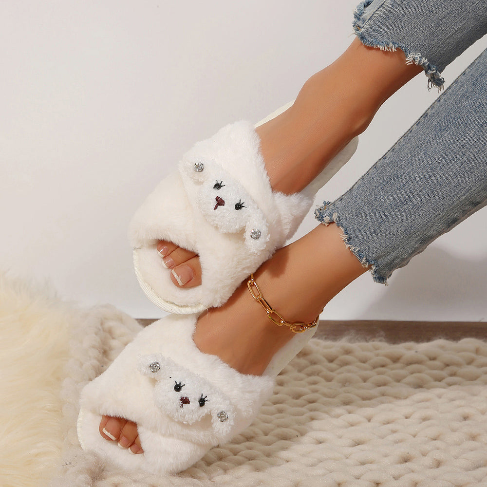 2024 autumn/winter cartoon crossover slippers, thick sole, open toe, fuzzy slippers, plus size women's warm non-slip home cotton slippers
