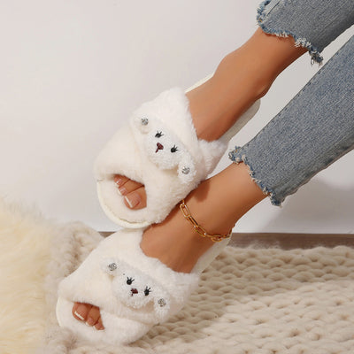 2024 autumn/winter cartoon crossover slippers, thick sole, open toe, fuzzy slippers, plus size women's warm non-slip home cotton slippers