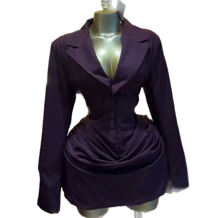 European and american cross-border women's fashion:  summer new arrival - chic and elegant notched lapel ruched slim-fit blazer top