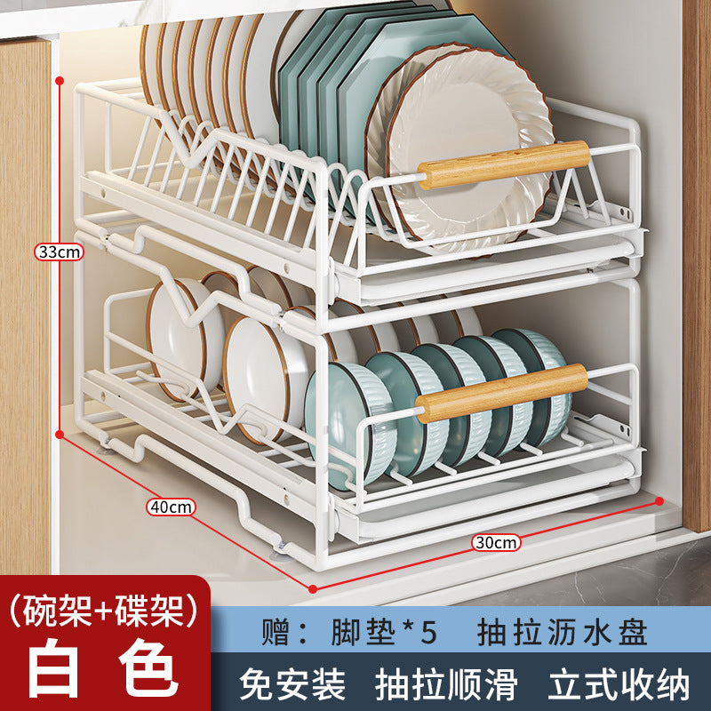 Pull-out dish rack in kitchen cupboard, drawer-type shelf, dish rack, storage rack, pull basket, bowl rack, drain rack