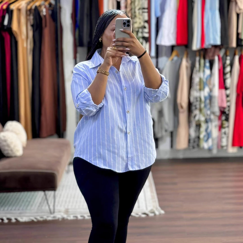 European and american cross-border women's fashion:  spring/summer new arrivals - stylish, designer, loose-fit, asymmetrical striped long-sleeve shirt top