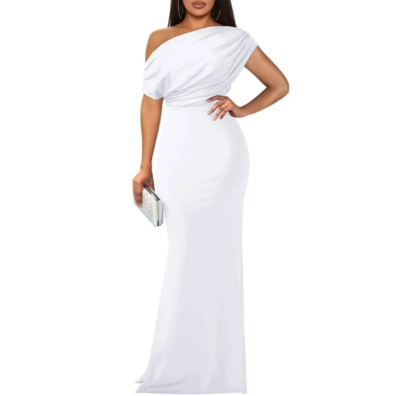 cross-border e-commerce dress: new summer women's fashionable one-shoulder solid color pleated waist dress