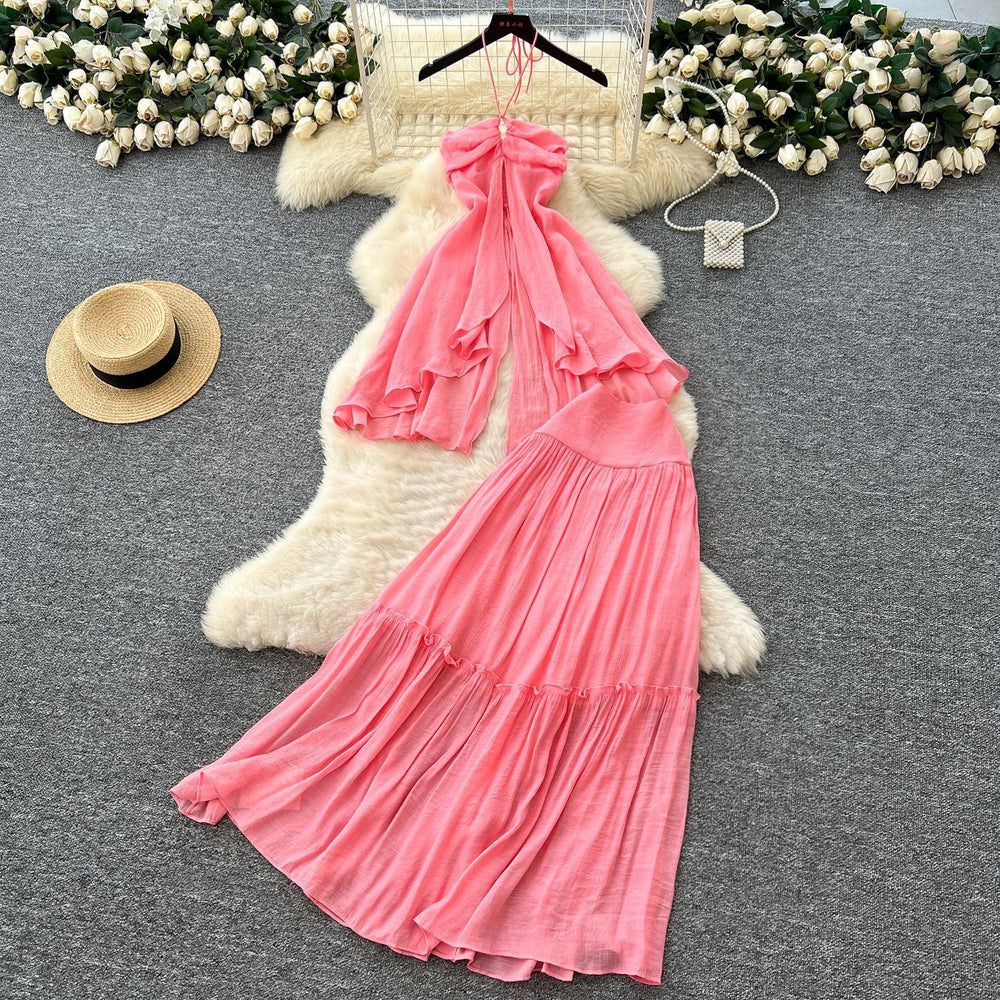 Pure desire hot girl vacation outfit women's summer sense of design asymmetrical halter suspender slit topshigh waist skirt