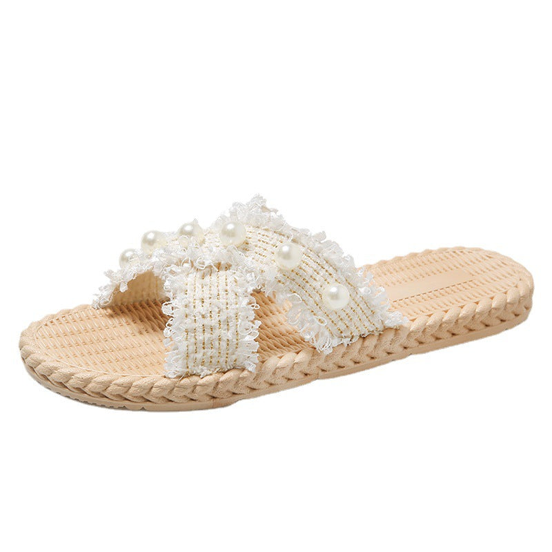 Xiaoxiangfeng slippers for women outwearsummerbest sellingfashion pearl flats one-piece slippers for outdoor beach non-slip sandals