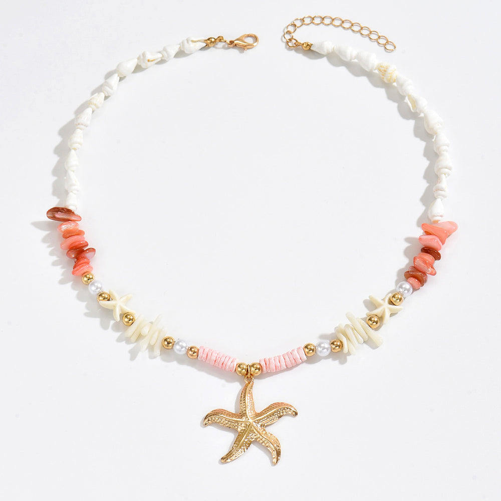 European and american cross-border seaside vacation style starfish and shell necklace - summer dopamine crushed stone ins handmade beaded necklace