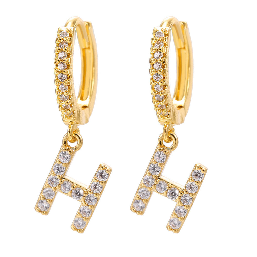 European and american gold-plated micro-paved zircon 26-letter initial pendant earrings - fashionable, unique, high-end, and chic hoop earrings with tassel detail