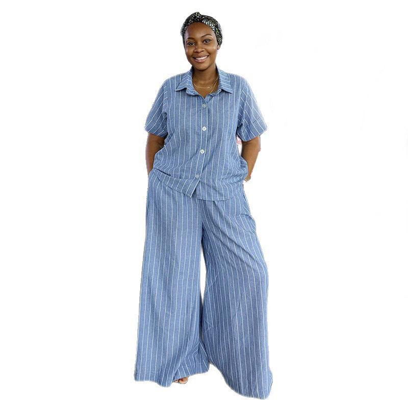 European and american women's clothing  autumn new collection: sweet and fresh striped turn-down collar short-sleeve shirt and high-waisted straight-leg pants two-piece set
