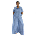 European and american women's clothing  autumn new collection: sweet and fresh striped turn-down collar short-sleeve shirt and high-waisted straight-leg pants two-piece set
