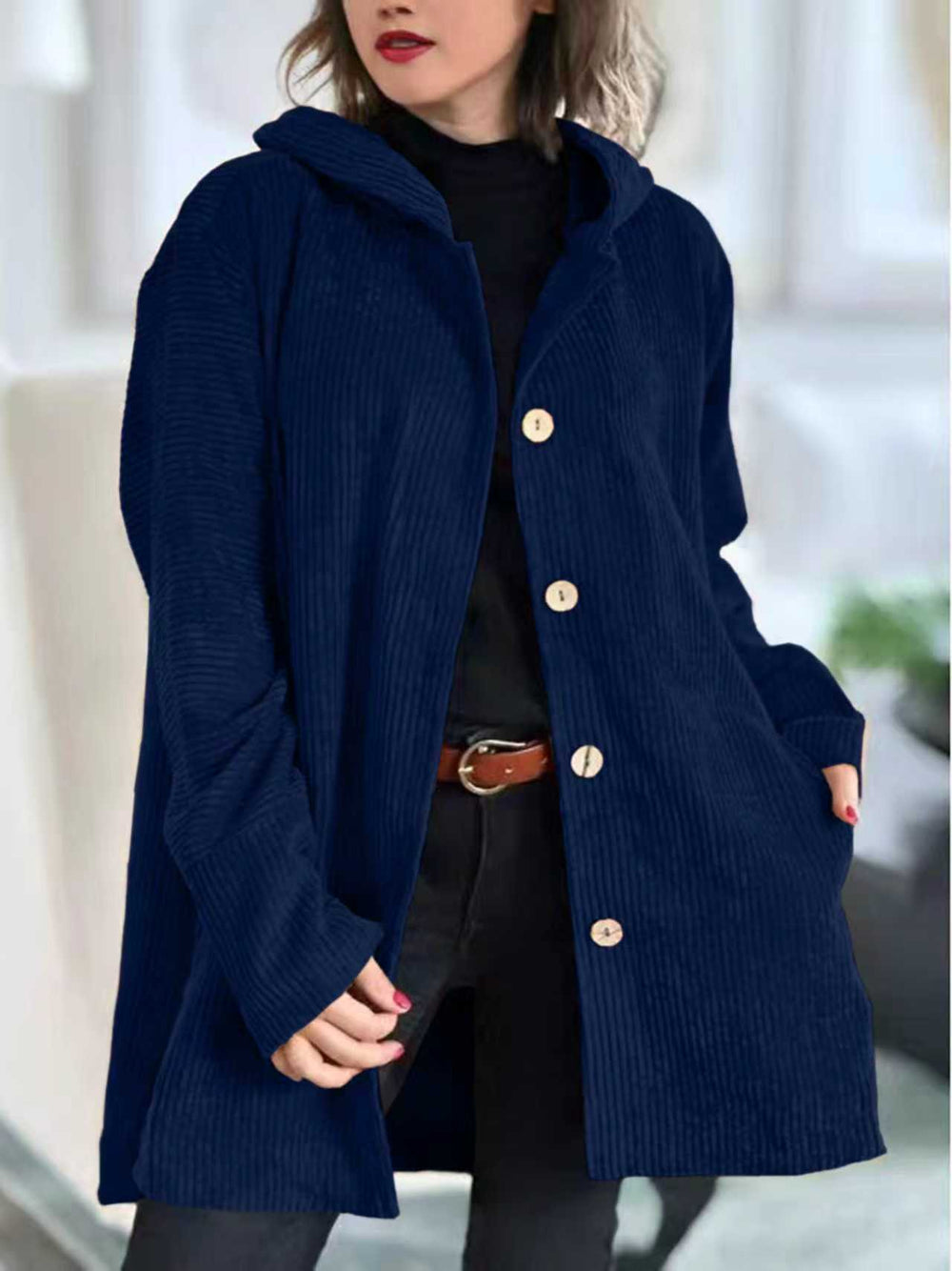cross-border fashion women's autumn/winter new arrivals: -style hooded, loose-fit corduroy casual jacket for women