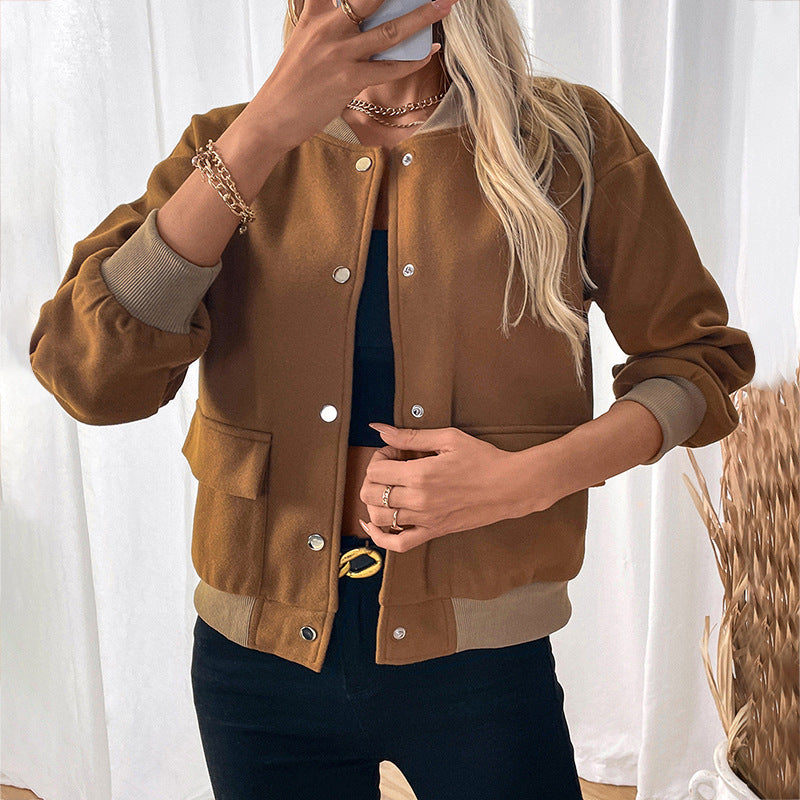 2025 new  retro casual simple wind contrasting color cardigan button baseball collar jacket women