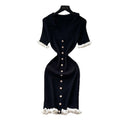 French gentle style v neck fungus edge knittingdress k-style short sleeve women's metal button slimming lookpetites short skirt
