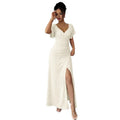 summer new arrival:  tume european and american v-neck drawstring tie sexy short-sleeve solid color dress