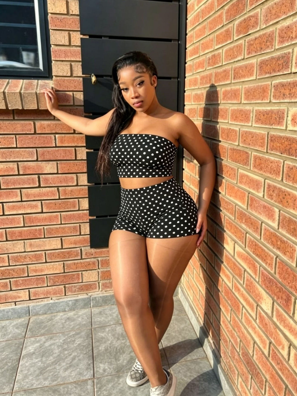 Amazon ins same style women's sexy hot girl black bottom polka dot tube top shorts two-piece set small person looks great